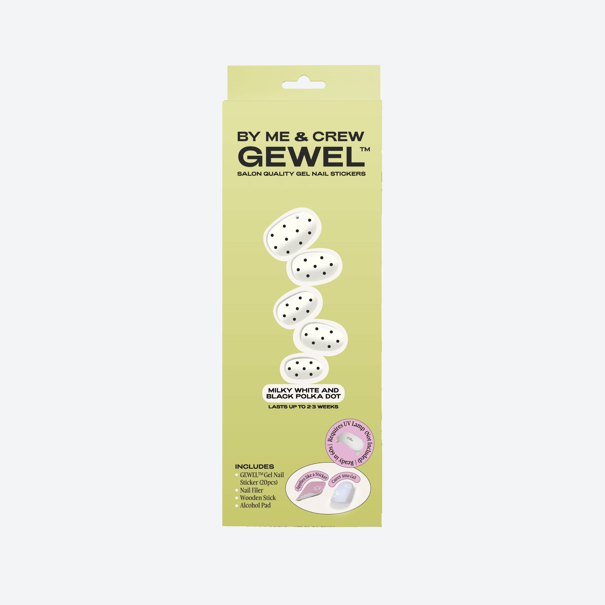 Milky White & Black Polka Dot GEWEL™ semi-cured gel nail stickers box – lasts up to 2–3 weeks