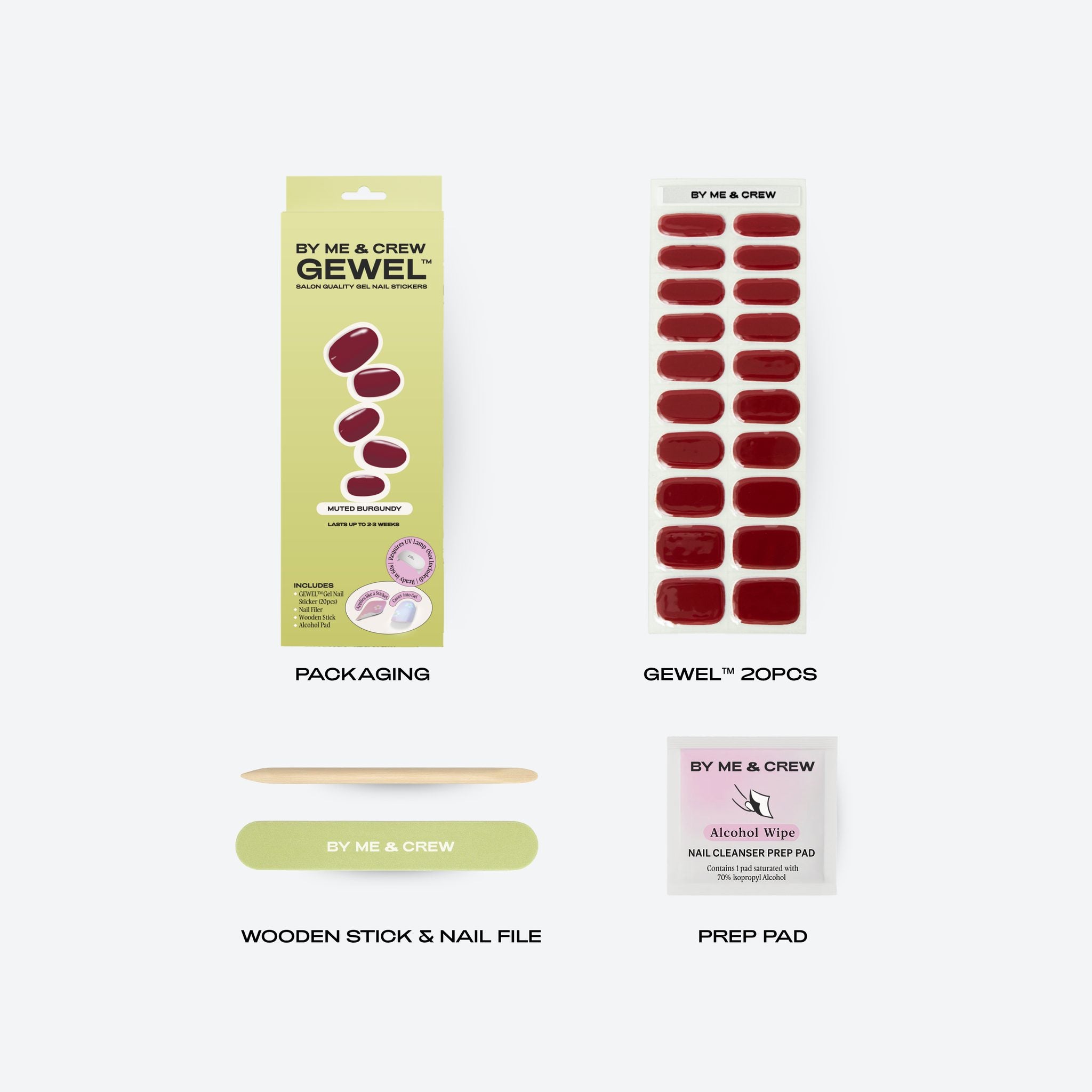 What's included: Muted Burgundy GEWEL™ box, 20 nail stickers, wooden stick, nail file and prep pad