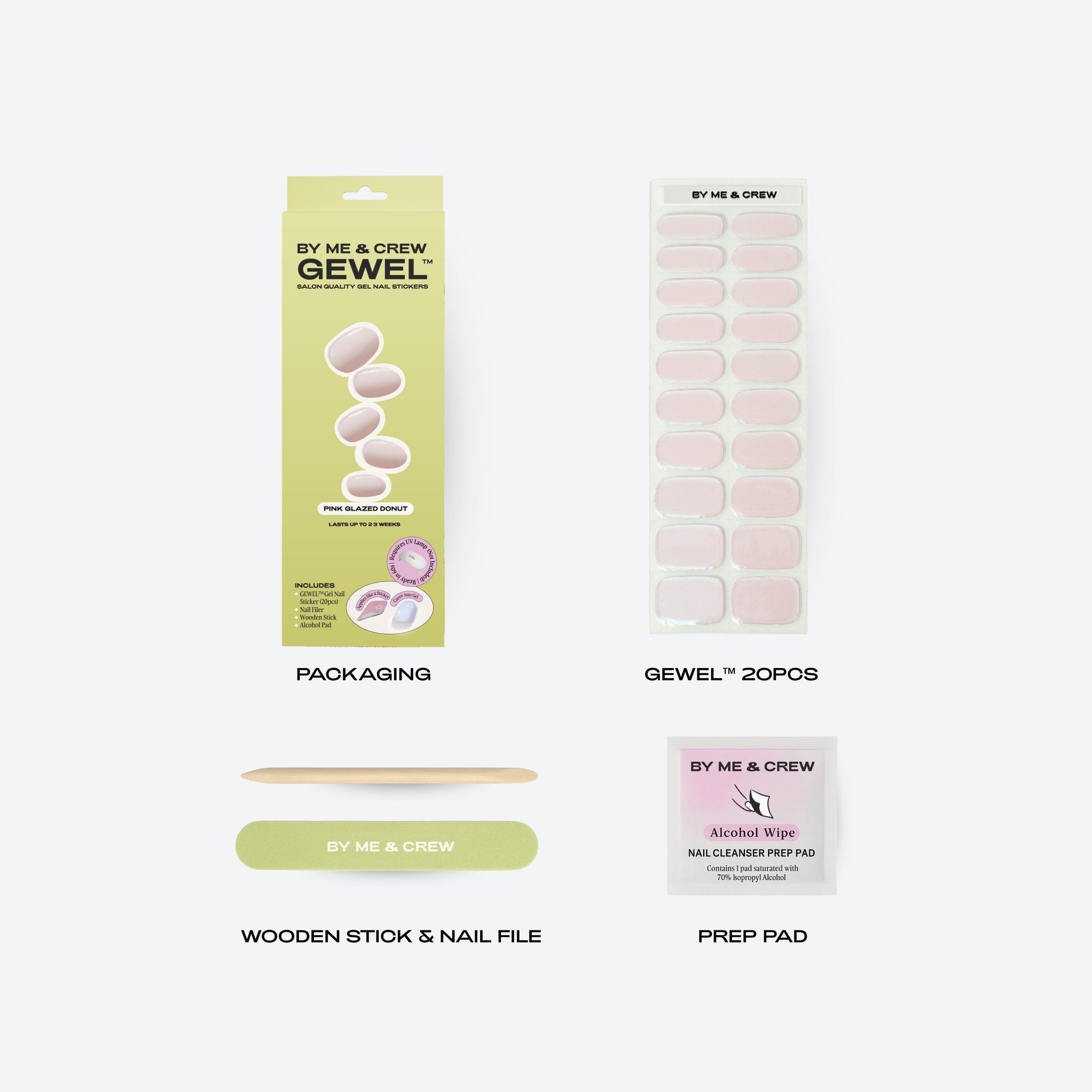 What's included: Pink Glazed Donut GEWEL™ box, 20 nail stickers, wooden stick, nail file and prep pad
