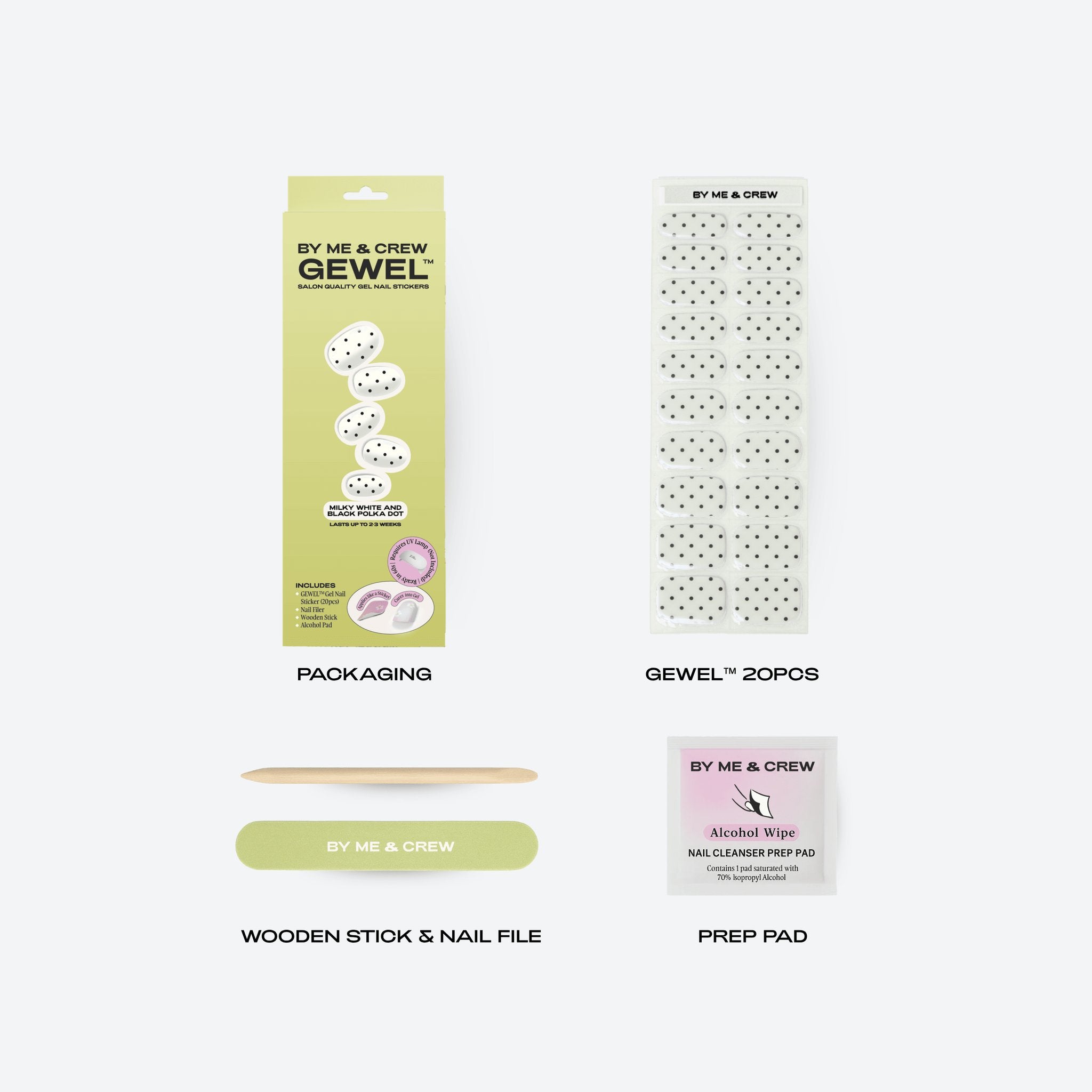 What's included: Milky White & Black Polka Dot GEWEL™ box, 20 nail stickers, wooden stick, nail file and prep pad