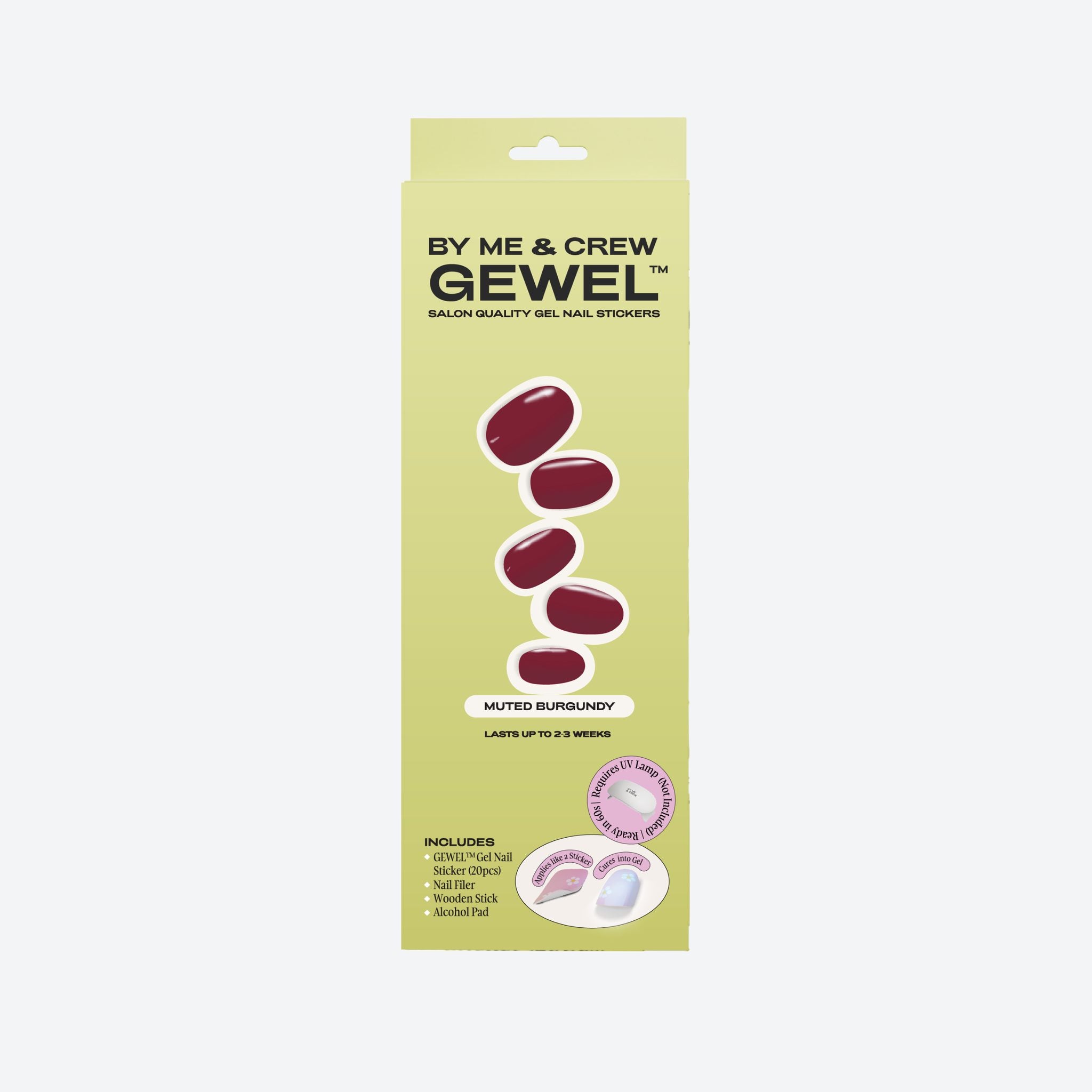 Muted Burgundy GEWEL™ semi-cured gel nail stickers box – lasts up to 2–3 weeks