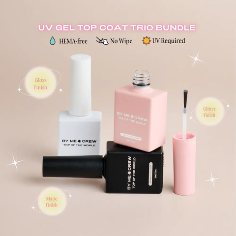 Elevate your nail game with our UV Gel Top Coat Trio Bundle. Get ultimate shine, a trendy matte look, and dazzling glitter.