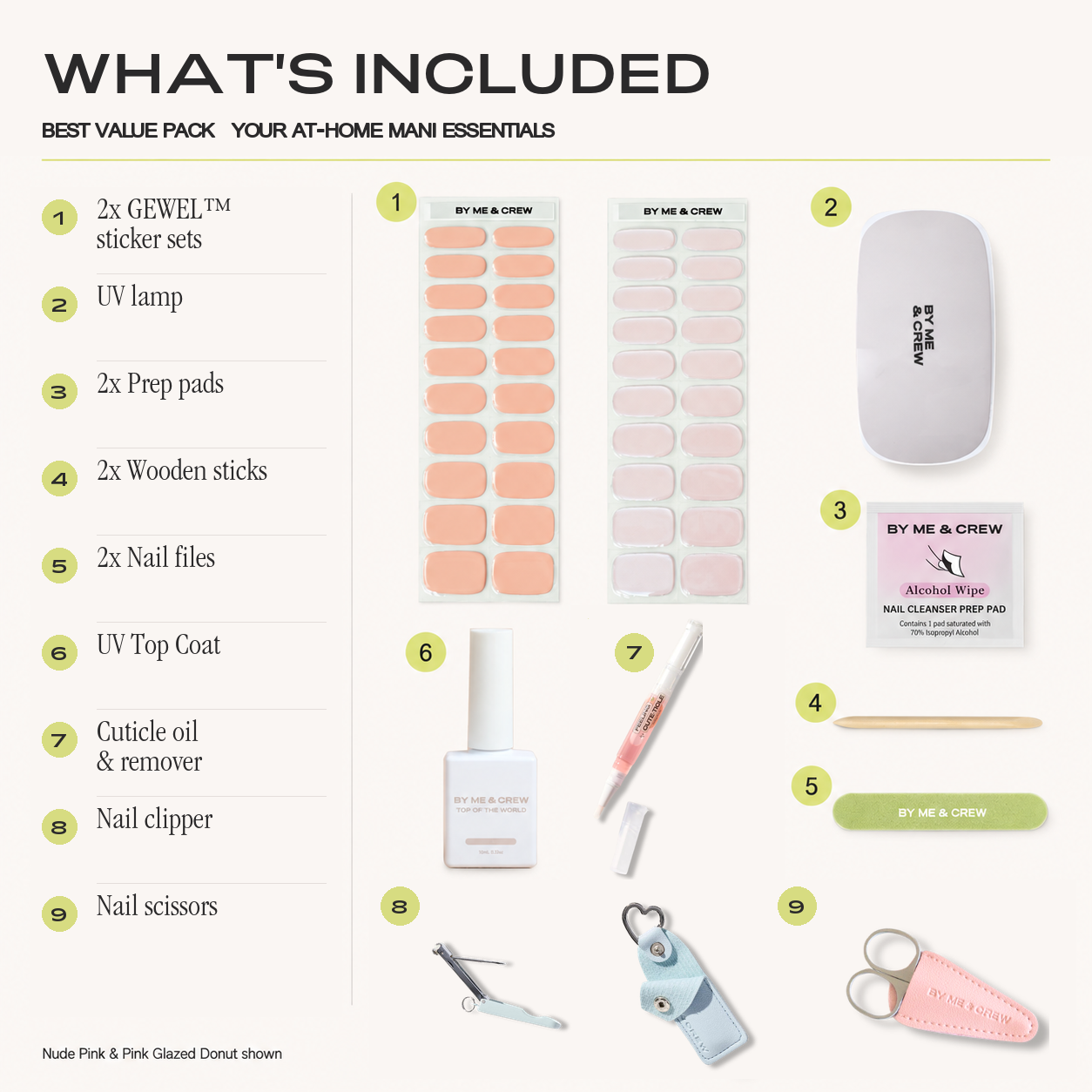 What's included in By Me & Crew's Best Value Pack: two GEWEL™ sticker sets, UV lamp, prep pads, wooden sticks, nail files, UV top coat, cuticle oil and remover, nail clipper and nail scissors.