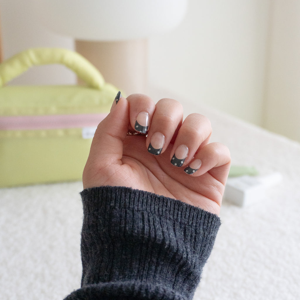 Black Polka Dot French Tip DIY Semi Cured Gel Nail Stickers-3
