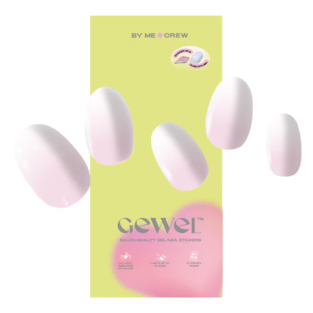 En Pointe DIY Semi Cured Gel Nail Stickers Gewel nail stickers packaging with pink nail shapes on a green and pink gradient background