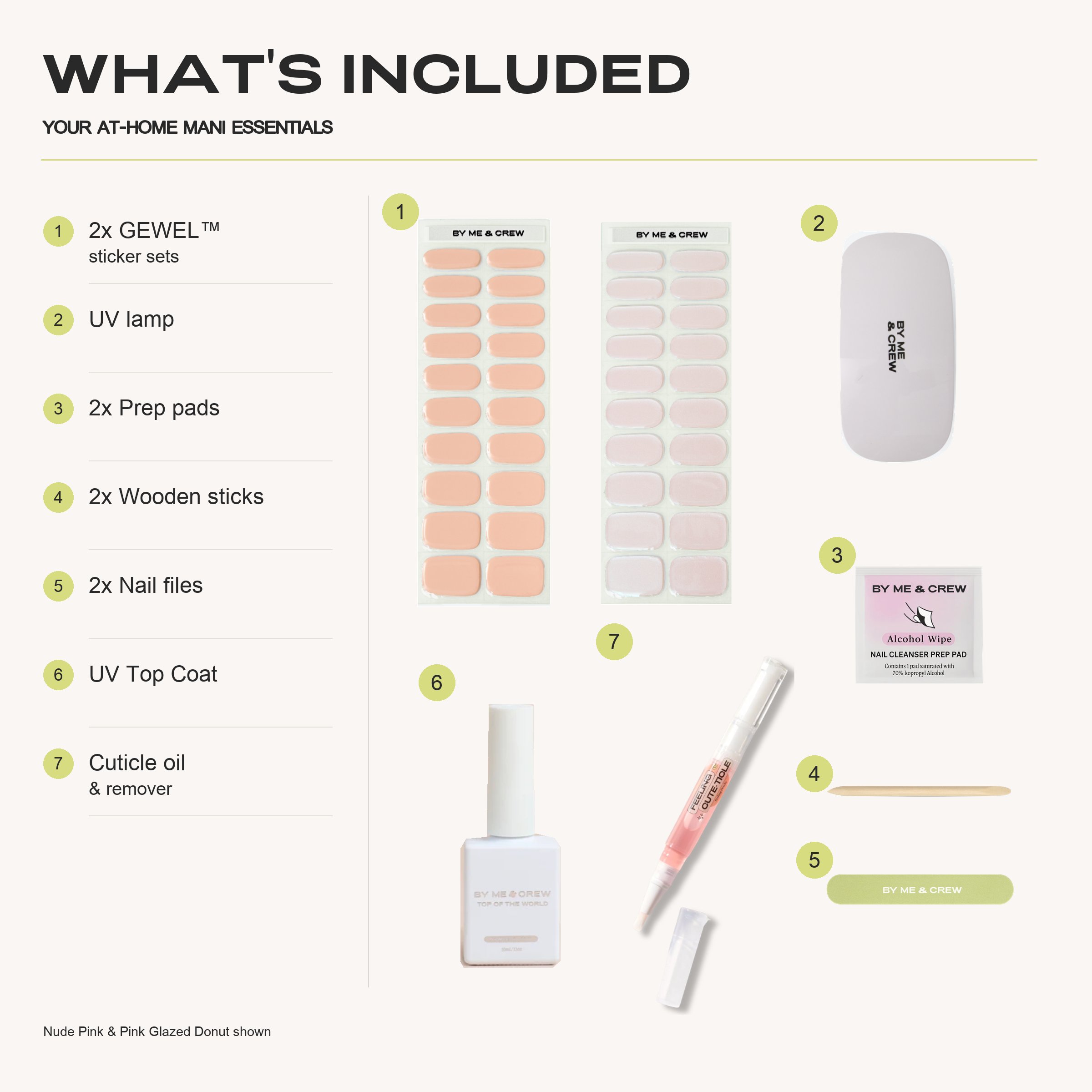 What's included in the Get Started Pack: two GEWEL sticker sets, UV lamp, prep pads, wooden sticks, nail files, UV top coat and cuticle oil and remover.